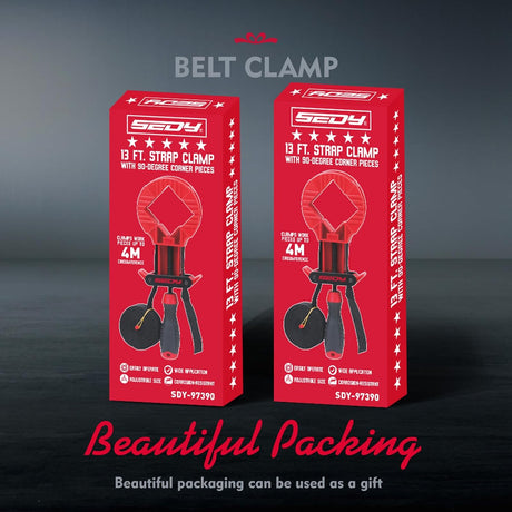 SEDY 13ft woodworking strap clamp with quick-release belt, adjustable tension handle, and 90-degree corner pieces