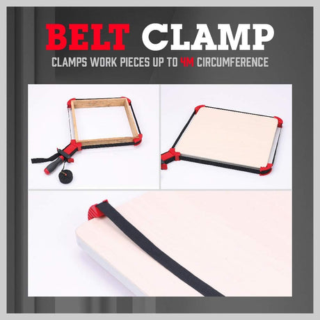 SEDY 13ft woodworking strap clamp with quick-release belt, adjustable tension handle, and 90-degree corner pieces