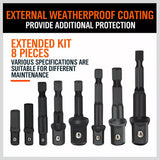 HORUSDY 8-Piece 1/4" Hex Shank Socket Adapter Set for Drill and Impact Driver – Includes 1/4", 3/8", 1/2" Square Drive Extensions with Weatherproof Coating and Anti-Drop Ball Design for Vehicle, Construction, and Home Maintenance