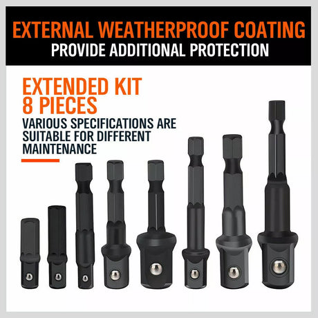 HORUSDY 8-Piece 1/4" Hex Shank Socket Adapter Set for Drill and Impact Driver – Includes 1/4", 3/8", 1/2" Square Drive Extensions with Weatherproof Coating and Anti-Drop Ball Design for Vehicle, Construction, and Home Maintenance