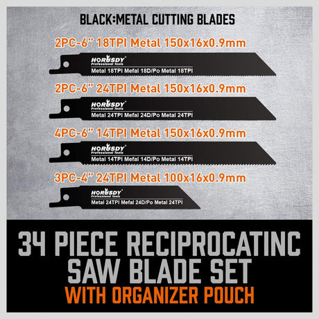 HORUSDY reciprocating saw blade set with wood and metal cutting blades and durable roll-up pouch