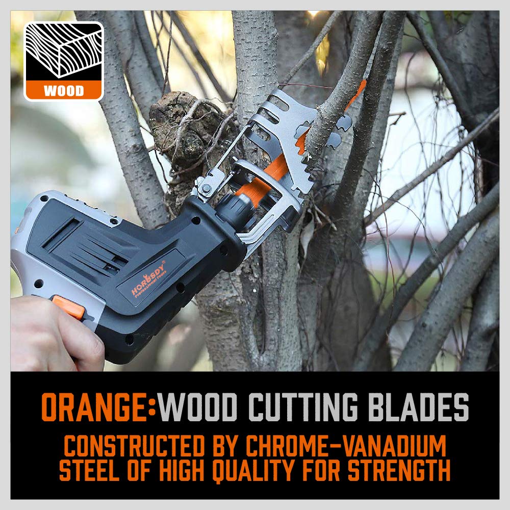 HORUSDY reciprocating saw blade set with wood and metal cutting blades and durable roll-up pouch