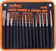 HORUSDY 16-piece punch and chisel set with CR-V steel tools, chisel gauge, taper pin and center punches, cold chisels, and canvas storage pouch.