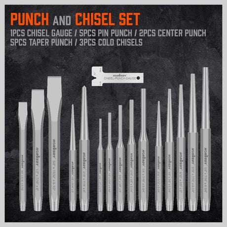 HORUSDY 16-piece punch and chisel set with CR-V steel tools, chisel gauge, taper pin and center punches, cold chisels, and canvas storage pouch.