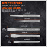 HORUSDY 16-piece punch and chisel set with CR-V steel tools, chisel gauge, taper pin and center punches, cold chisels, and canvas storage pouch.