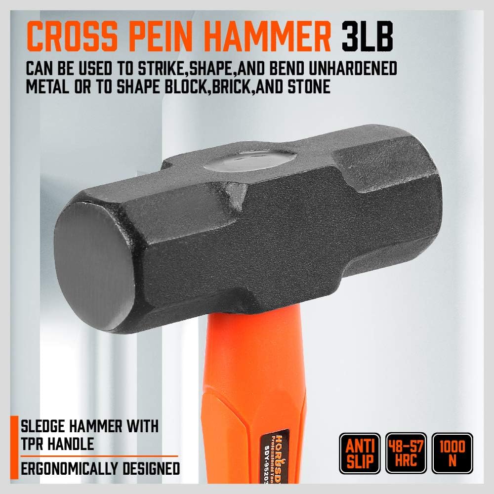 Five-piece HORUSDY hammer set including rubber mallet, sledge, cross pein, and two ball pein hammers with ergonomic anti-slip handles.