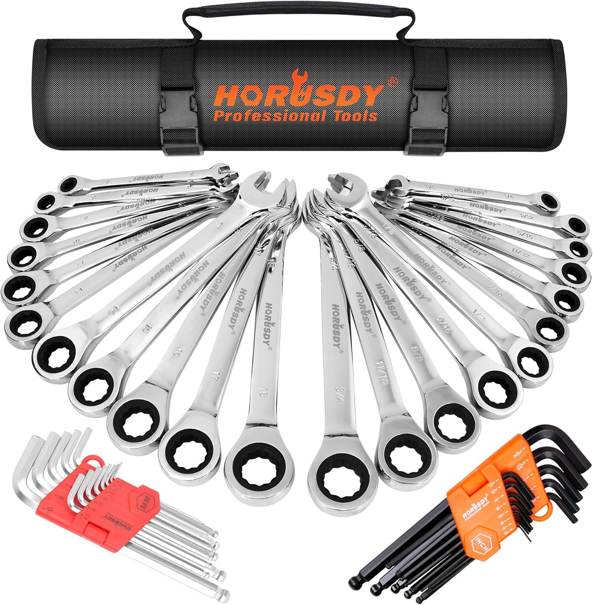 HORUSDY 48-piece ratcheting wrench and hex key set with tool roll, SAE and metric, chrome vanadium steel for automotive and mechanic tools