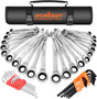 HORUSDY 48-piece ratcheting wrench and hex key set with tool roll, SAE and metric, chrome vanadium steel for automotive and mechanic tools