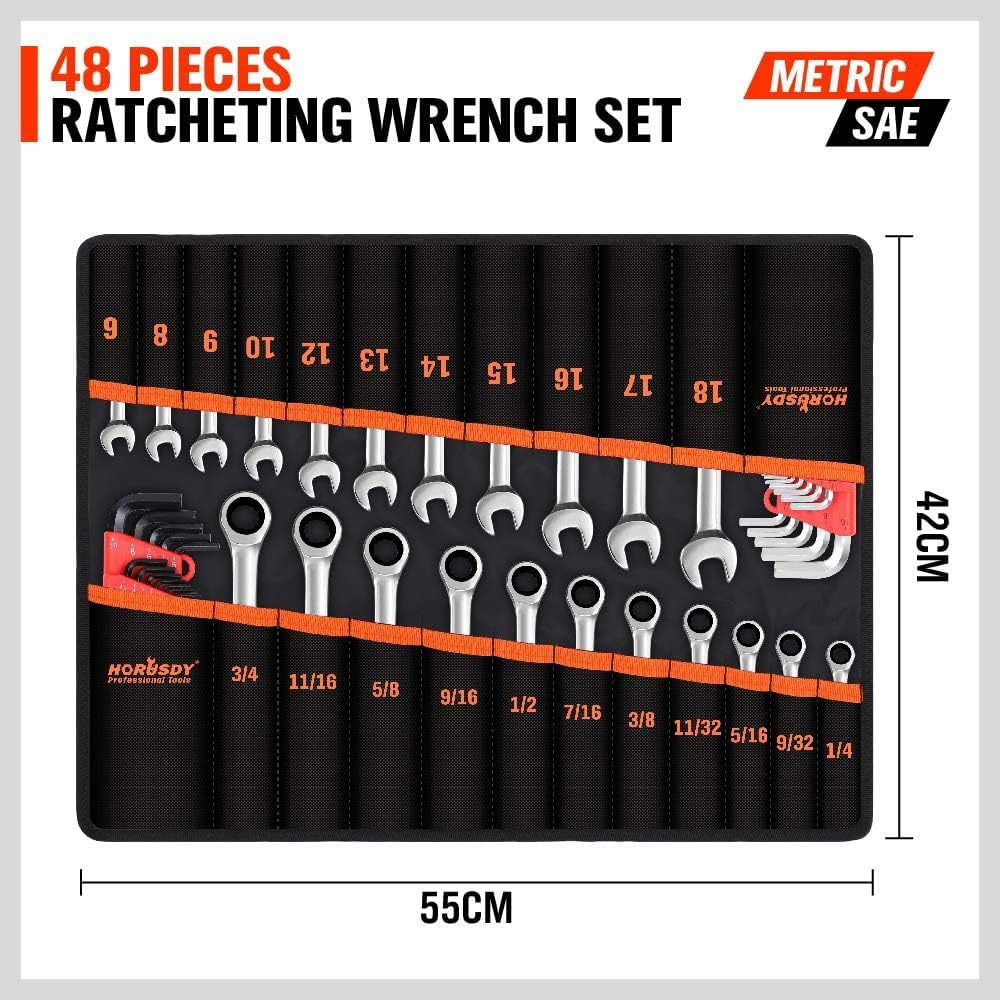 HORUSDY 48-piece ratcheting wrench and hex key set with tool roll, SAE and metric, chrome vanadium steel for automotive and mechanic tools