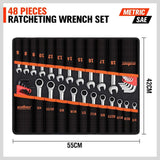 HORUSDY 48-piece ratcheting wrench and hex key set with tool roll, SAE and metric, chrome vanadium steel for automotive and mechanic tools