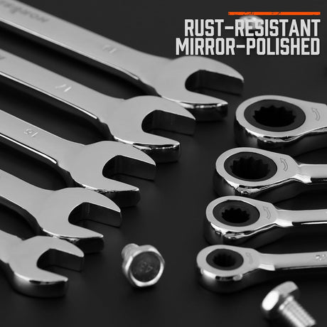HORUSDY 24-piece ratcheting combination wrench set SAE and metric with chrome finish and storage case, ideal for automotive and mechanical work