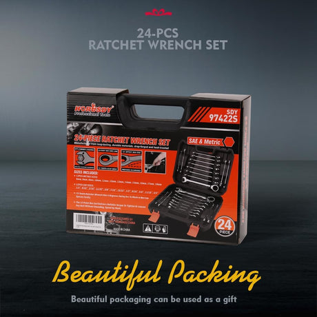 HORUSDY 24-piece ratcheting combination wrench set SAE and metric with chrome finish and storage case, ideal for automotive and mechanical work
