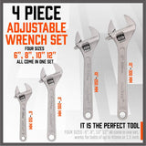 HORUSDY 4-Piece Adjustable Wrench Set, Chrome-Plated CR-V Steel, 6", 8", 10", 12", Fits Bolts up to 1.5” (40mm)