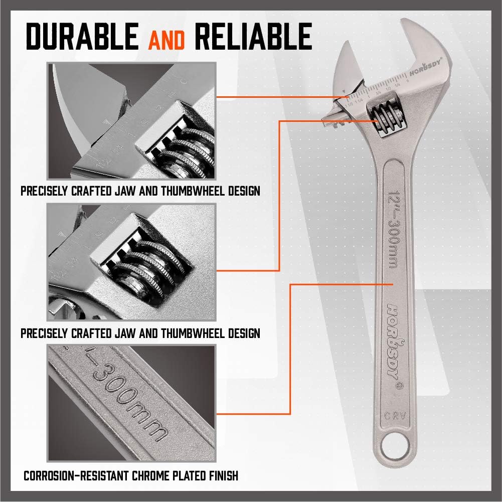 HORUSDY 4-Piece Adjustable Wrench Set, Chrome-Plated CR-V Steel, 6", 8", 10", 12", Fits Bolts up to 1.5” (40mm)