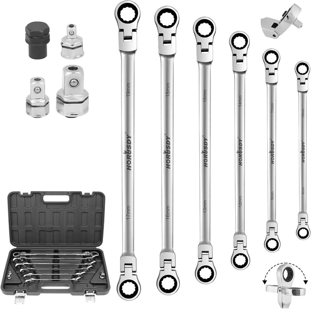 HORUSDY 10-piece metric ratcheting wrench set with flexible heads, chrome vanadium steel construction, socket adapters, and storage case