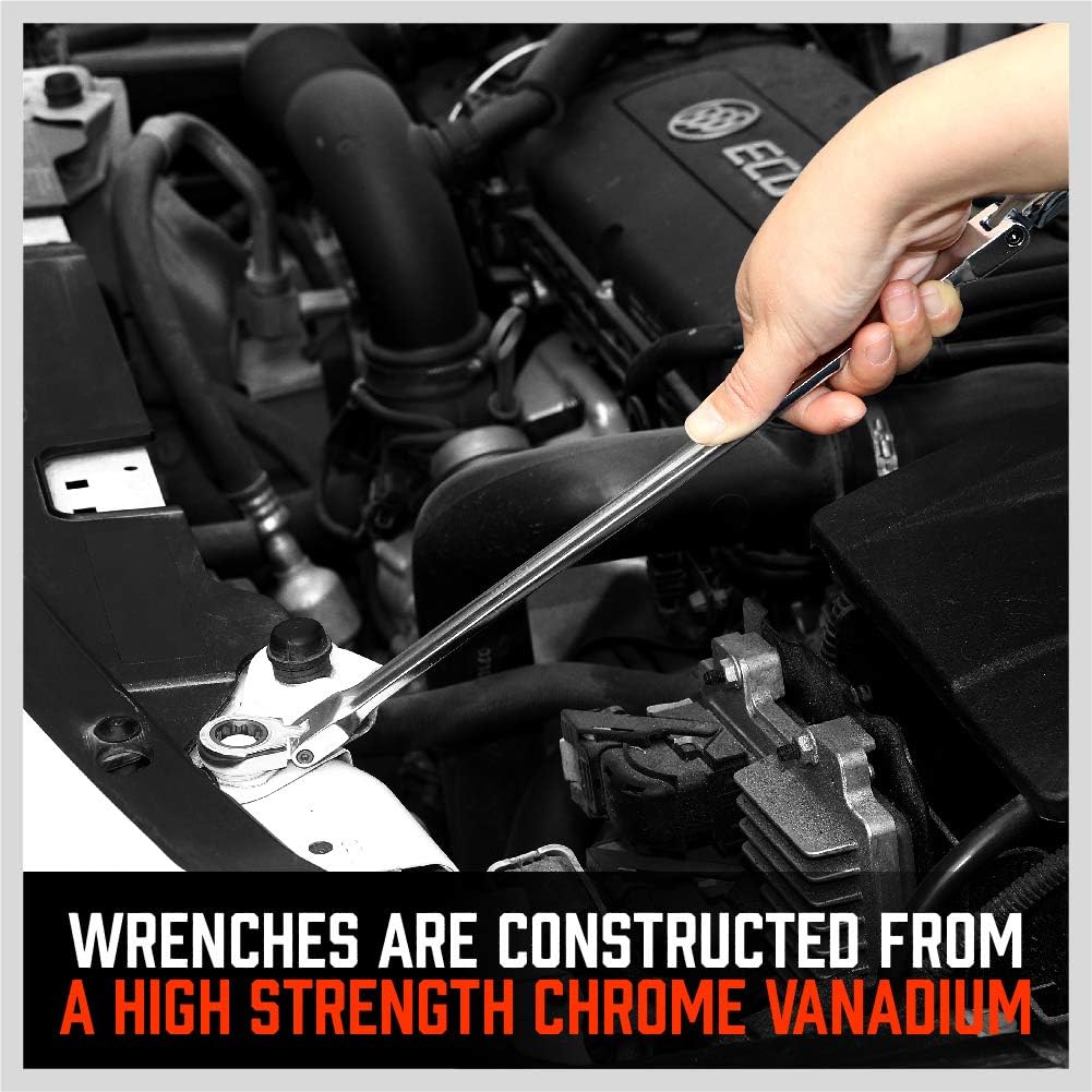 HORUSDY 10-piece metric ratcheting wrench set with flexible heads, chrome vanadium steel construction, socket adapters, and storage case