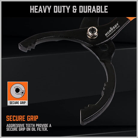 HORUSDY 12-inch adjustable oil filter pliers with slip joint design, non-slip handles, and secure grip for 2.5 to 4.6 inch filters