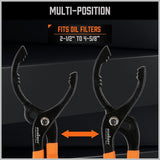 HORUSDY 12-inch adjustable oil filter pliers with slip joint design, non-slip handles, and secure grip for 2.5 to 4.6 inch filters
