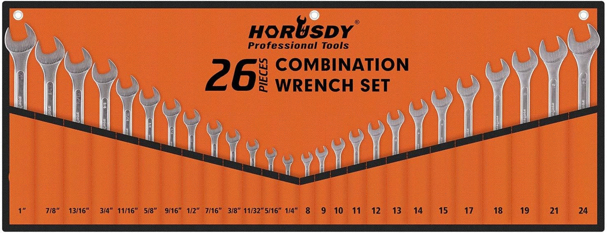 HORUSDY 26-piece combination wrench set with SAE and metric sizes, chrome vanadium steel, rust-resistant finish, and roll-up pouch for tool organization