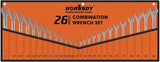 HORUSDY 26-piece combination wrench set with SAE and metric sizes, chrome vanadium steel, rust-resistant finish, and roll-up pouch for tool organization