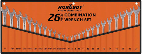HORUSDY 26-piece combination wrench set with SAE and metric sizes, chrome vanadium steel, rust-resistant finish, and roll-up pouch for tool organization