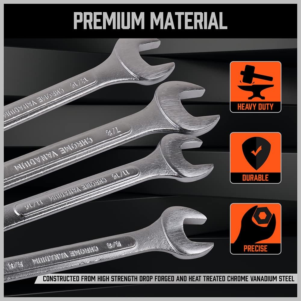 HORUSDY 26-piece combination wrench set with SAE and metric sizes, chrome vanadium steel, rust-resistant finish, and roll-up pouch for tool organization
