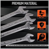 HORUSDY 26-piece combination wrench set with SAE and metric sizes, chrome vanadium steel, rust-resistant finish, and roll-up pouch for tool organization