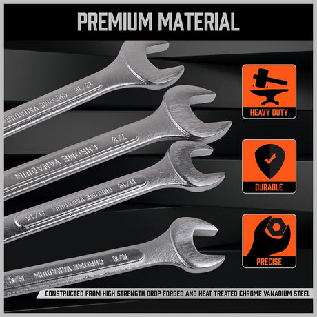 HORUSDY 26-piece combination wrench set with SAE and metric sizes, chrome vanadium steel, rust-resistant finish, and roll-up pouch for tool organization