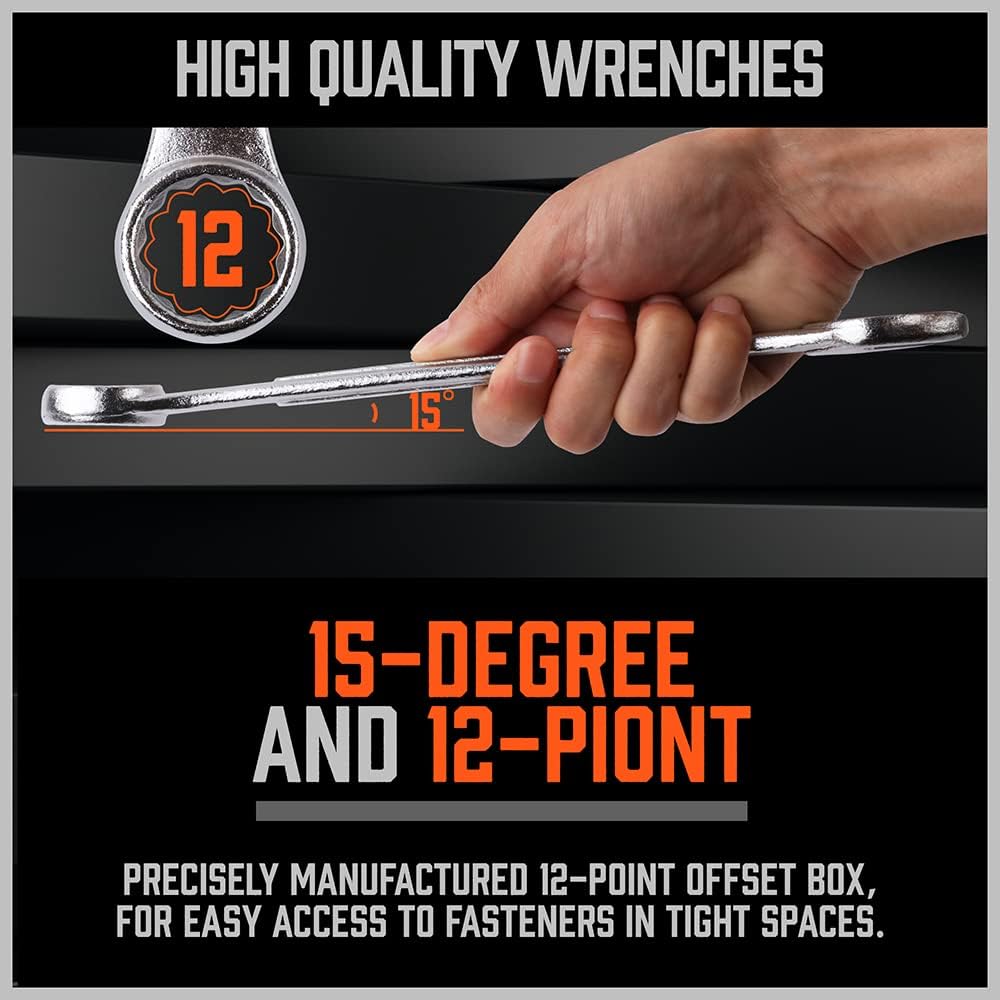 HORUSDY 26-piece combination wrench set with SAE and metric sizes, chrome vanadium steel, rust-resistant finish, and roll-up pouch for tool organization