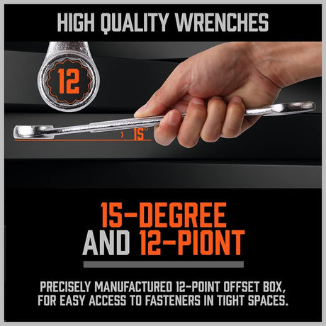 HORUSDY 26-piece combination wrench set with SAE and metric sizes, chrome vanadium steel, rust-resistant finish, and roll-up pouch for tool organization