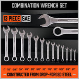 HORUSDY 26-piece combination wrench set with SAE and metric sizes, chrome vanadium steel, rust-resistant finish, and roll-up pouch for tool organization