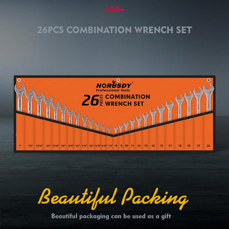HORUSDY 26-piece combination wrench set with SAE and metric sizes, chrome vanadium steel, rust-resistant finish, and roll-up pouch for tool organization