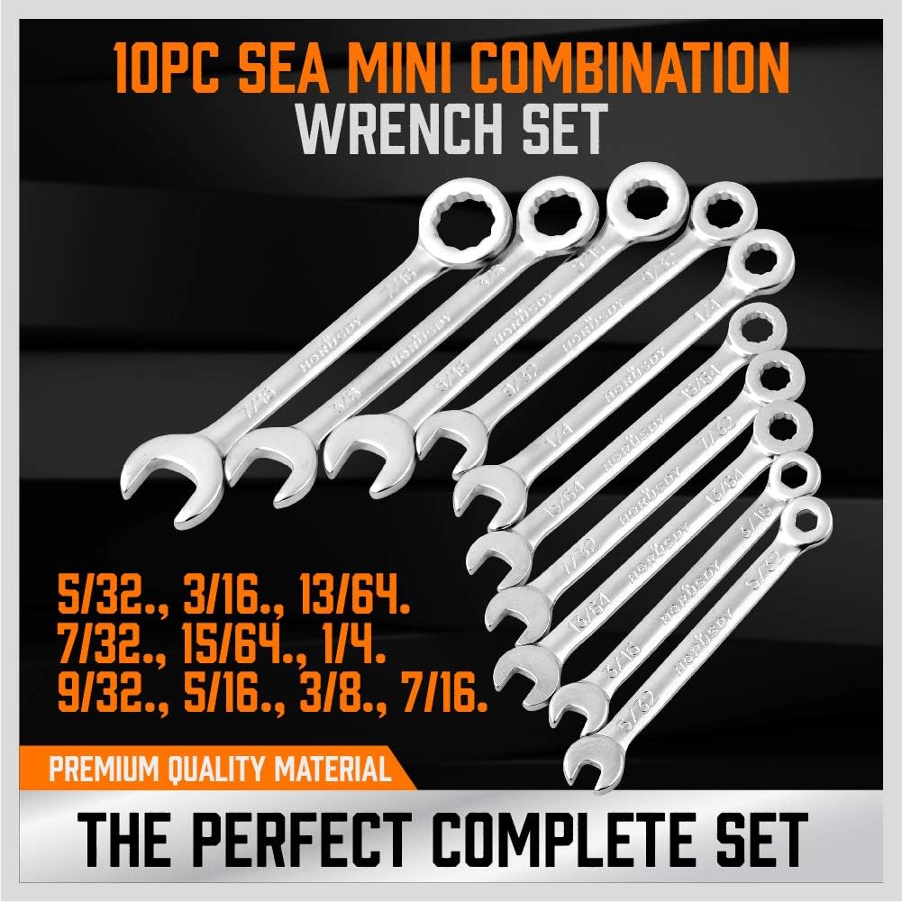 HORUSDY 20-piece mini combination wrench set with metric and SAE sizes, compact storage pouches and carabiner, perfect for tight spaces and DIY repairs