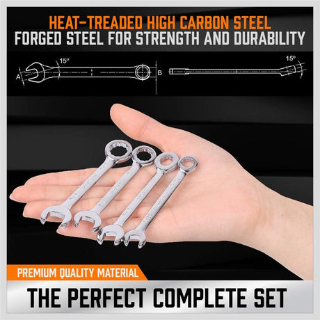 HORUSDY 20-piece mini combination wrench set with metric and SAE sizes, compact storage pouches and carabiner, perfect for tight spaces and DIY repairs