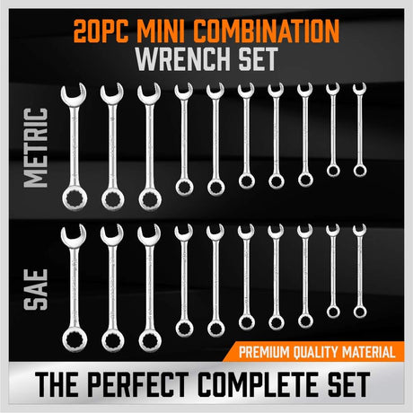 HORUSDY 20-piece mini combination wrench set with metric and SAE sizes, compact storage pouches and carabiner, perfect for tight spaces and DIY repairs