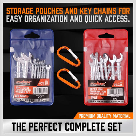 HORUSDY 20-piece mini combination wrench set with metric and SAE sizes, compact storage pouches and carabiner, perfect for tight spaces and DIY repairs