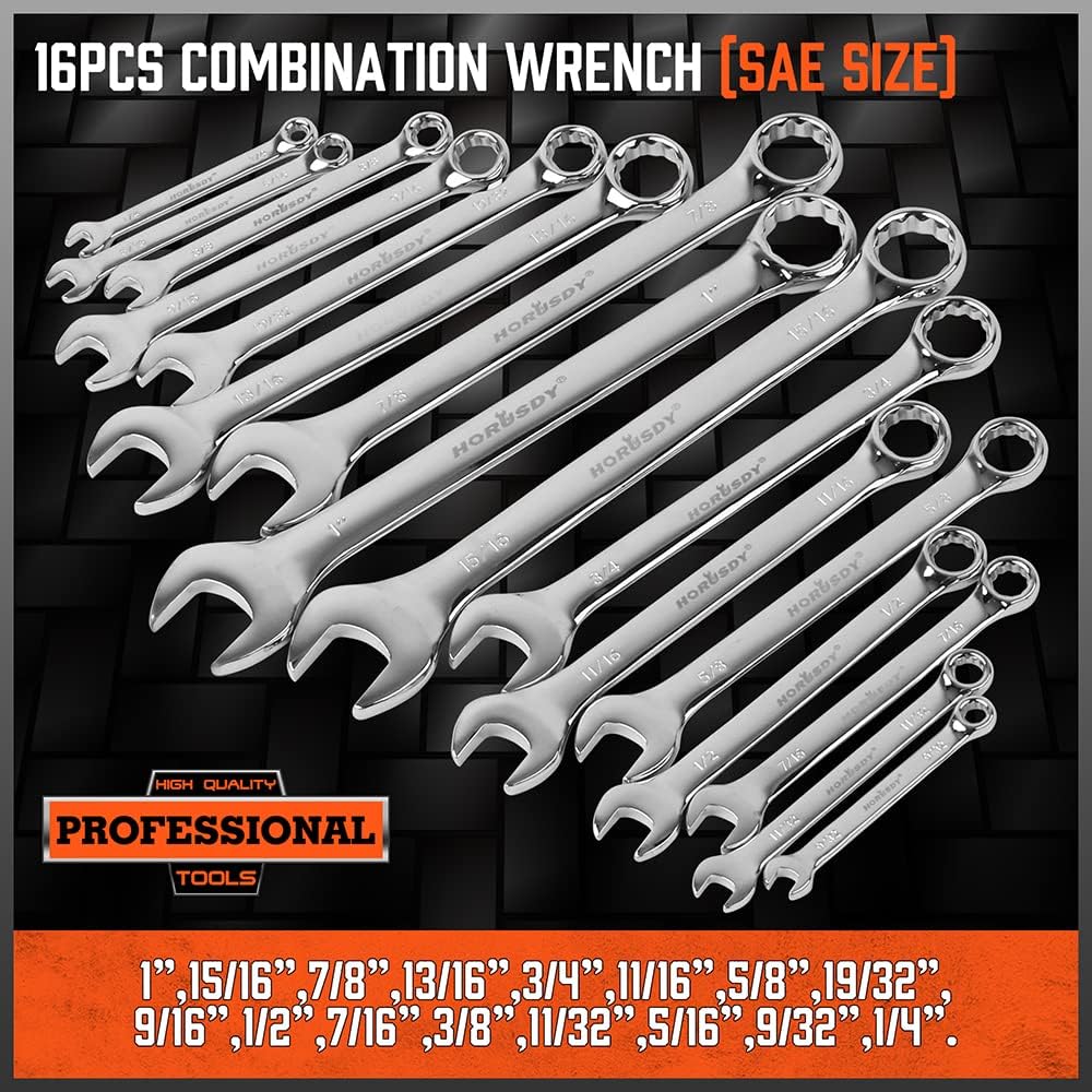 HORUSDY 32-piece combination wrench set with metric and SAE sizes, chrome vanadium finish, storage case
