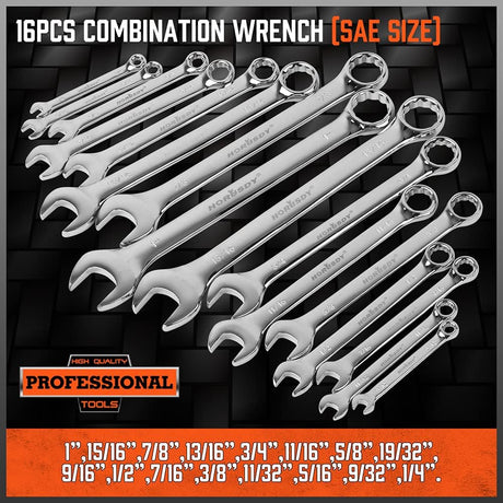 HORUSDY 32-piece combination wrench set with metric and SAE sizes, chrome vanadium finish, storage case