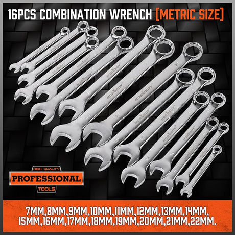 HORUSDY 32-piece combination wrench set with metric and SAE sizes, chrome vanadium finish, storage case