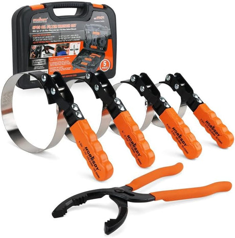 HORUSDY 5-piece oil filter wrench set with adjustable swivel handles and 12-inch pliers, packed in durable carrying case
