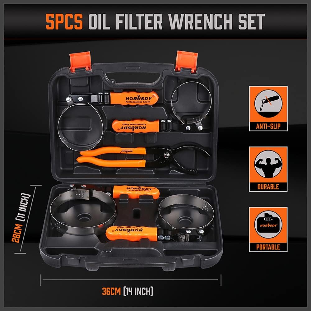 HORUSDY 5-piece oil filter wrench set with adjustable swivel handles and 12-inch pliers, packed in durable carrying case