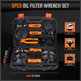 HORUSDY 5-piece oil filter wrench set with adjustable swivel handles and 12-inch pliers, packed in durable carrying case