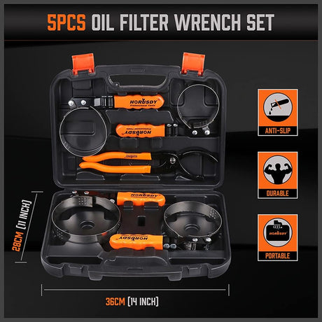HORUSDY 5-piece oil filter wrench set with adjustable swivel handles and 12-inch pliers, packed in durable carrying case