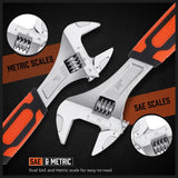 HORUSDY 3-piece adjustable wrench set with 6, 8, and 10-inch sizes, chrome vanadium steel, dual metric and SAE scales, and slip-resistant ergonomic handles