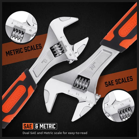 HORUSDY 3-piece adjustable wrench set with 6, 8, and 10-inch sizes, chrome vanadium steel, dual metric and SAE scales, and slip-resistant ergonomic handles