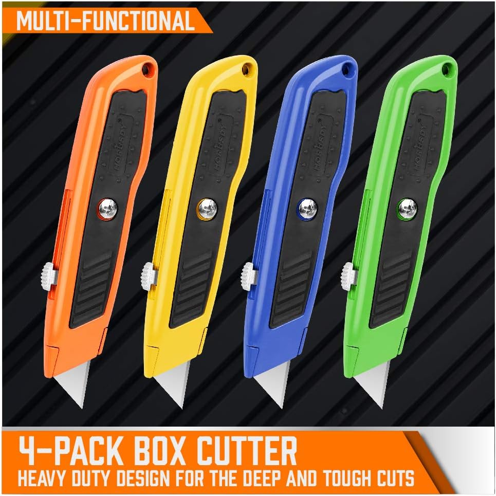 HORUSDY 4-pack heavy duty retractable utility knife set with SK5 blades, aluminum handles, blade storage case, and multi-color ergonomic design