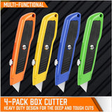 HORUSDY 4-pack heavy duty retractable utility knife set with SK5 blades, aluminum handles, blade storage case, and multi-color ergonomic design