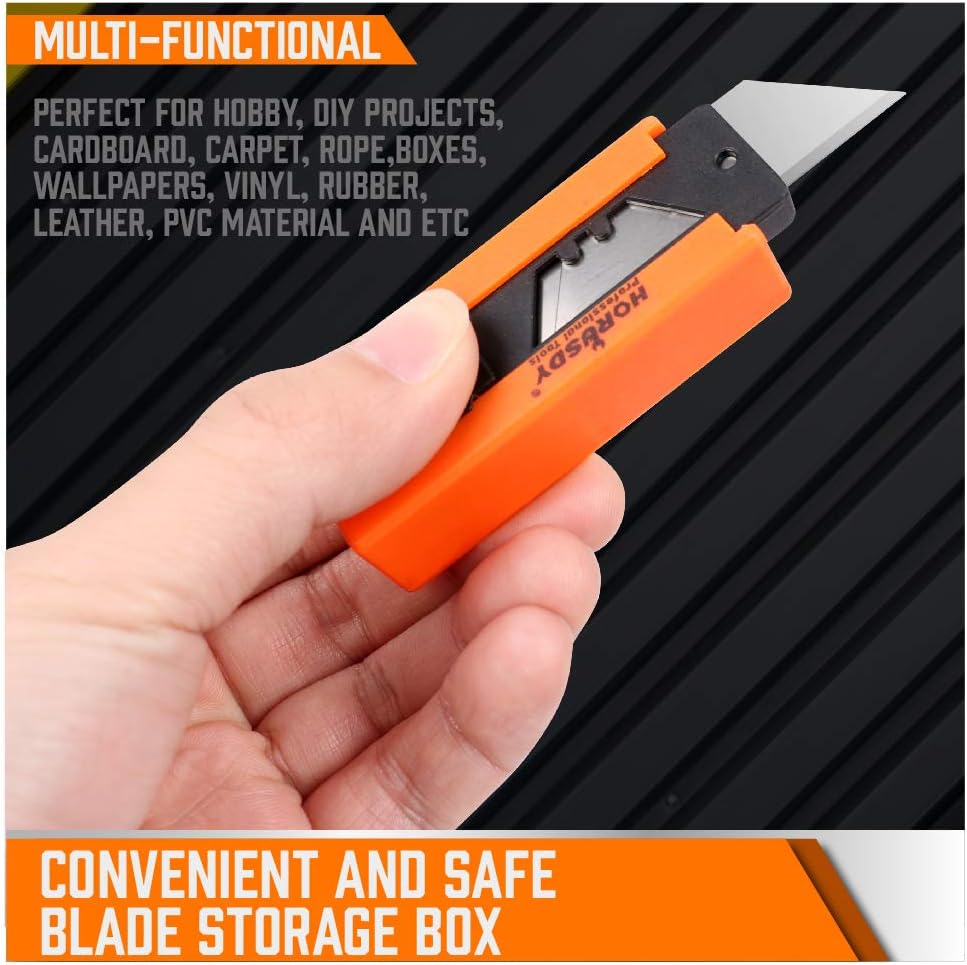 HORUSDY 4-pack heavy duty retractable utility knife set with SK5 blades, aluminum handles, blade storage case, and multi-color ergonomic design