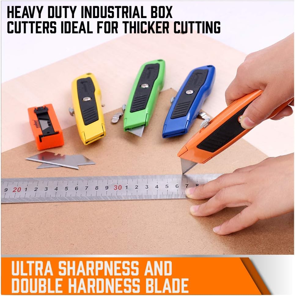 HORUSDY 4-pack heavy duty retractable utility knife set with SK5 blades, aluminum handles, blade storage case, and multi-color ergonomic design