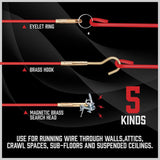 SEDY fiberglass wire running kit with 16 flexible rods and 5 brass attachments for pulling electrical wires through walls, conduits, attics, crawl spaces, and ceilings